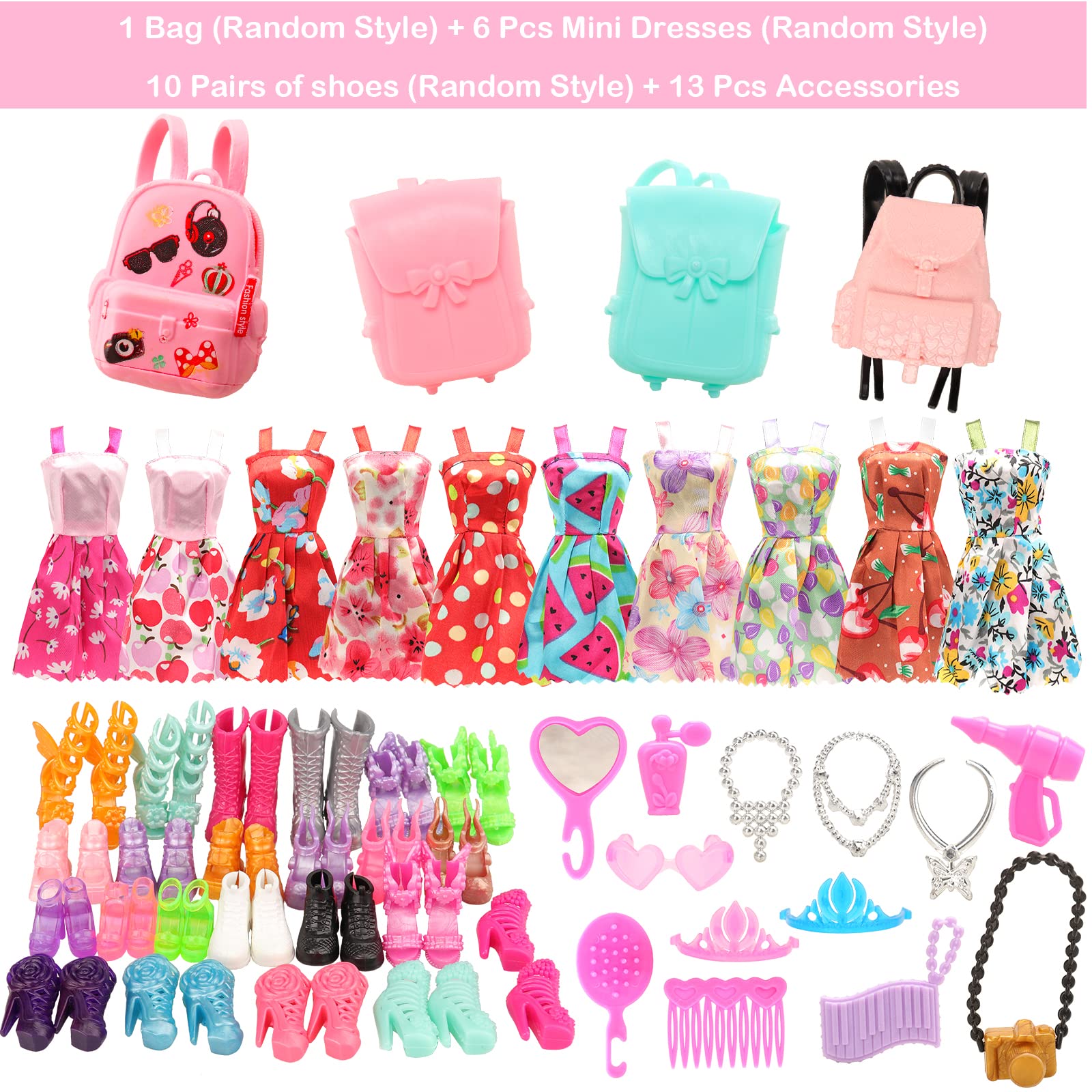 Barwa Lot 36 Items 3 Sets Fashion Dresses 3 Set Casual Tops and Pants 6 Pcs Mini Dresses with 1 Bags 10 Shoes, 13 Accessories for 11.5 Inch Girl Doll Birthday Xmas