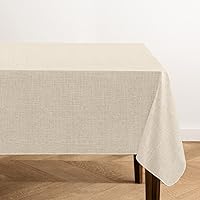 Elrene Home Fashions Monterey Linen Inspired Water- and Stain-Resistant Vinyl Tablecloth with Flannel Backing, 60 inches X 102 inches, Rectangle, Ivory