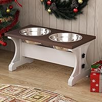Piskyet Farmhouse Dog Feeder, Modern Wooden Dog Bowl Stand for Medium Dogs, 3.5 Cups, 8.5''H, Raised Dog Bowl with 2 Stainless Steel Bowls