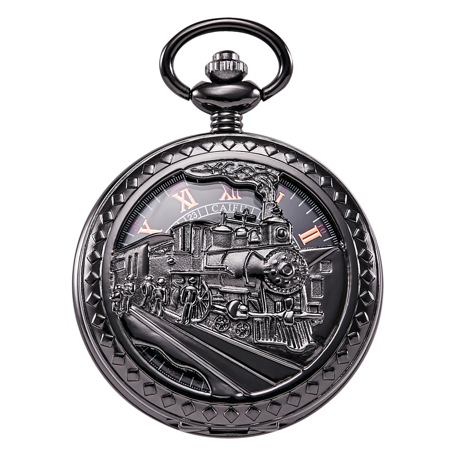 TREEWETO Mens Womens Antique Mechanical Pocket Watch Skeleton Black Case Steam Train Railroad Roman Numerals