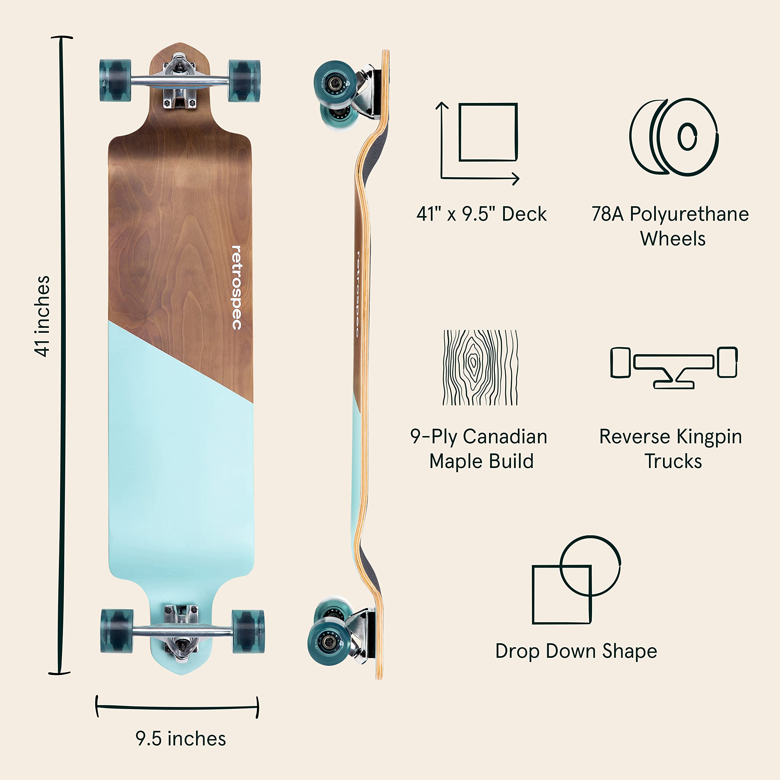 Retrospec Tidal 41-inch Drop-Down Longboard Skateboard Complete 9-Ply Canadian Maple Wood Build Cruiser for Commuting, Cruising, Carving & Downhill Riding