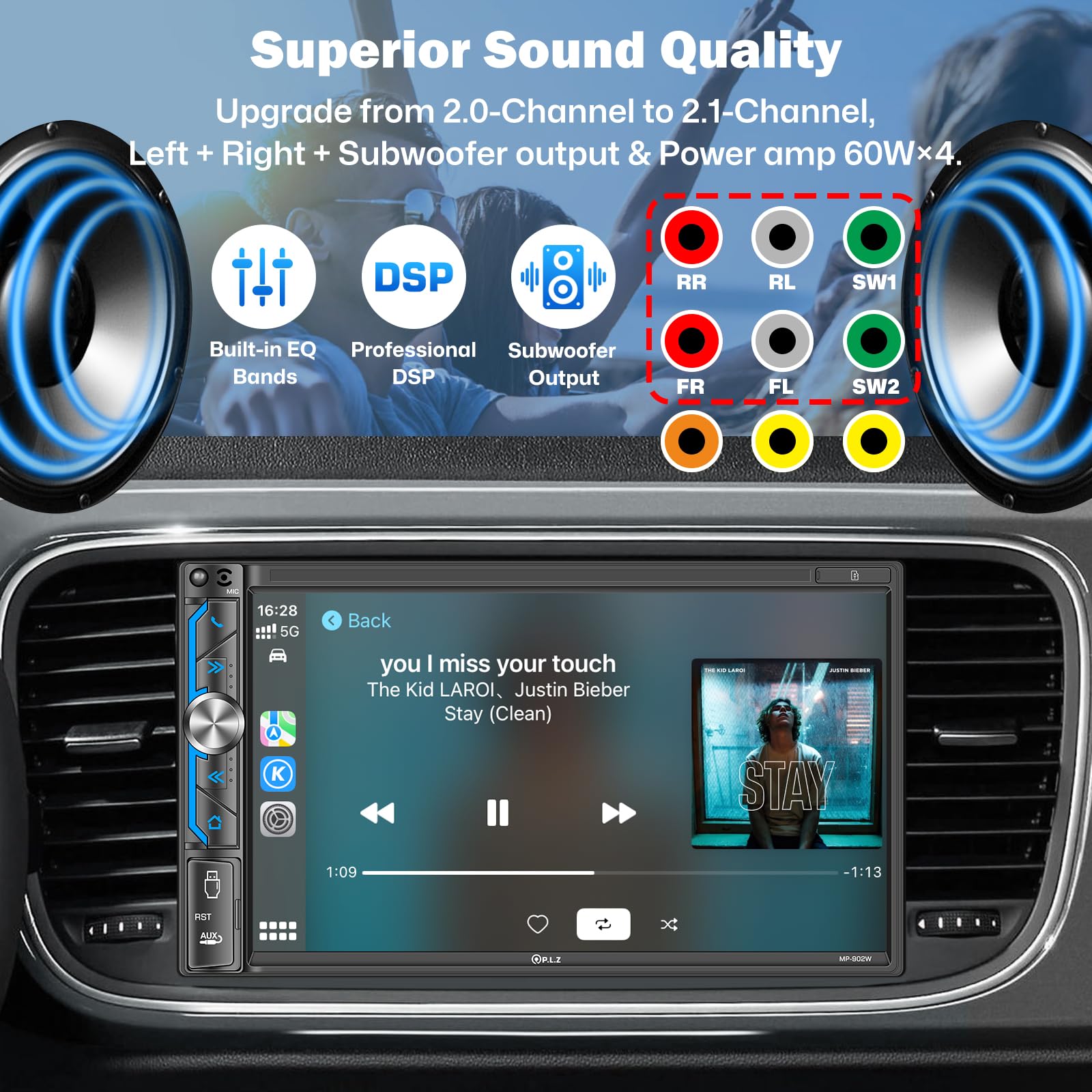 PLZ Double Din Car Stereo with Wireless Apple Carplay Android Auto Touch Screen 7 Inch HD Touchscreen Audio Receiver Bluetooth Mirror Link Backup Camera Steering Wheel USB/SD/FM Frame Harness Brackets