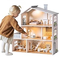 ROBOTIME Wooden Dollhouse, Doll House with 23 Pieces of Furniture, 5 Rooms, Wooden Doll House with Lights for 4, 5, 6-Inch Dolls, Dollhouse Gift for Kids Ages 3+