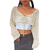 Women's Long Sleeve Cropped Cardigan Sweaters 2024 Spring Fashion Tie Front Bolero Short Knit Shrugs