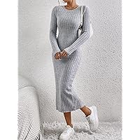 2023 Women's Dresses Solid Ribbed Knit Bodycon Dress Women's Dresses (Color : Gray, Size : Medium)