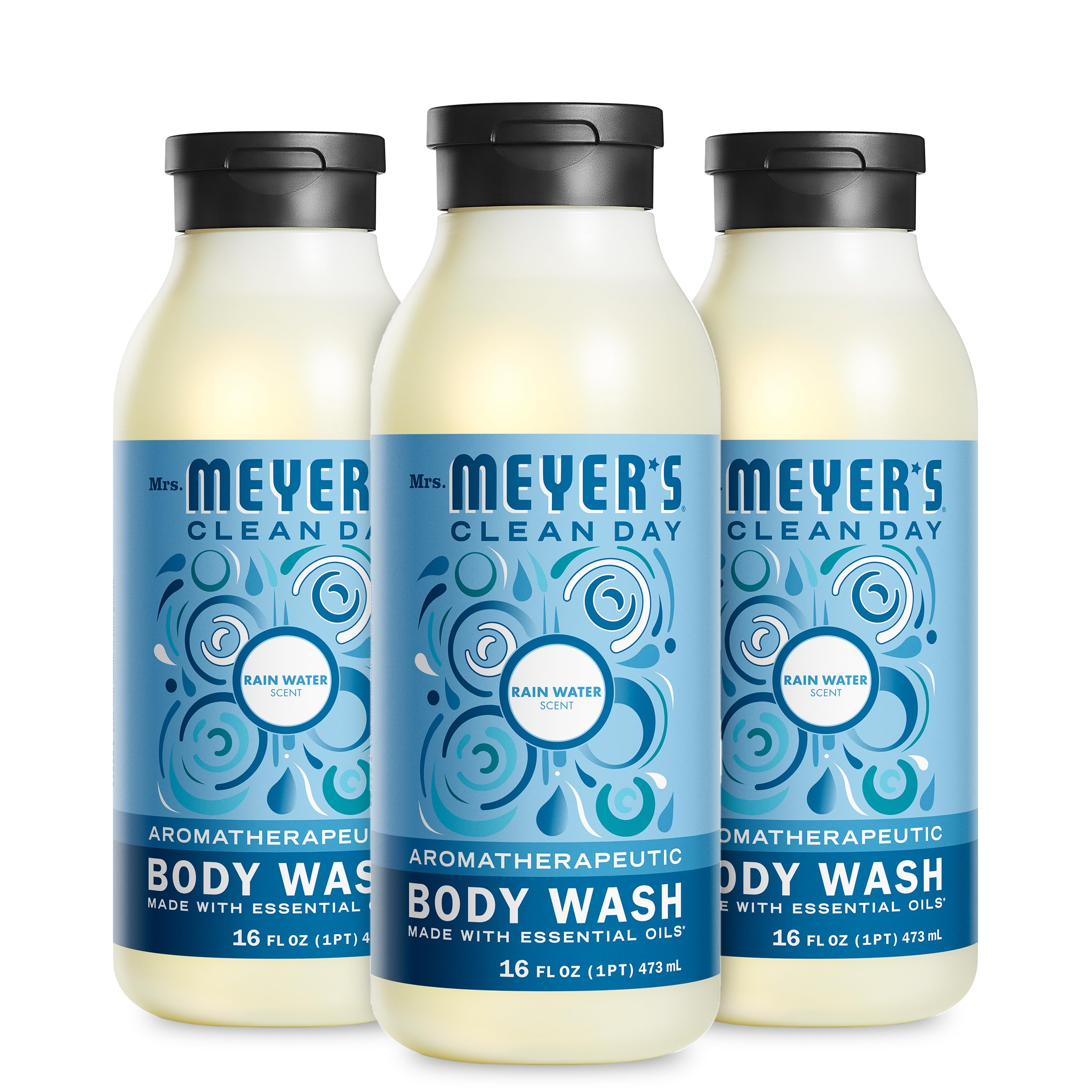 Mrs. Meyer's Moisturizing Body Wash for Women and Men, Biodegradable Shower Gel Formula Made with Essential Oils, Rain Water, 16 oz Bottle, Pack of 3