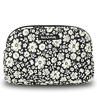 Bella Taylor Large Quilted Cotton Makeup Pouch for Women, Travel Cosmetic Bag, Quilted Cotton Bicolor Floral Black and Cream