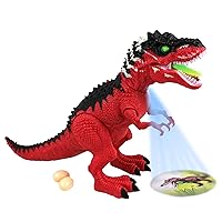 Walking Dinosaur T-Rex Tyrannosaurus Rex Robot Red 11 inch Toy for Boys Girls Realistic Dinosaur Roar, Moves Head While Making Roaring Sound, LED Light Projects Graphic on The Ground, Lays Egg