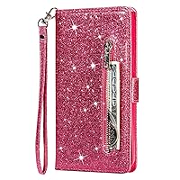 Wallet Case Compatible with Huawei P30, Zipper Glitter PU Leather Phone Cover with Lanyard for Huawei P30 (Rose Red)