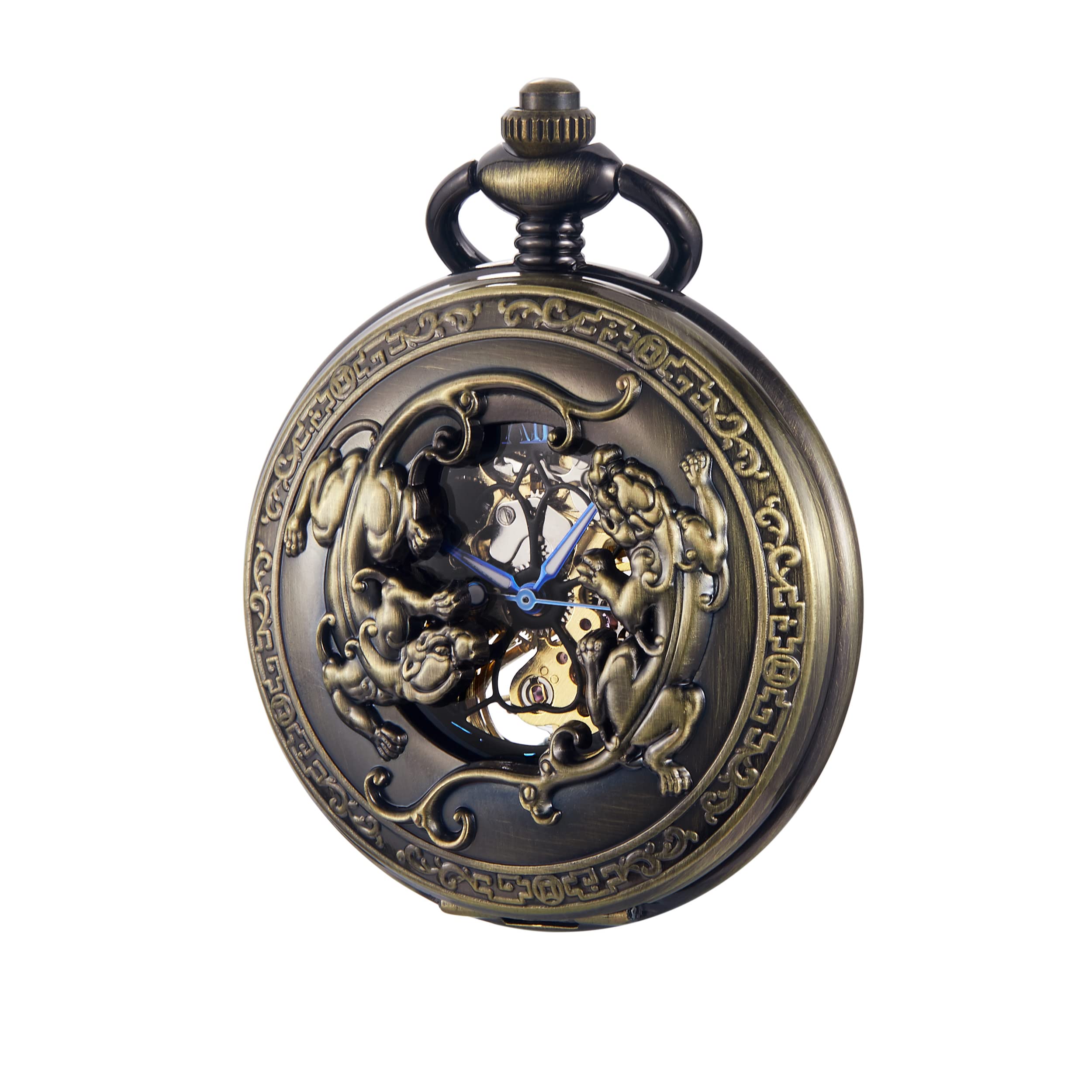 Bronze Men's Antique Mechanical Pocket Watch, Skeleton Mechanical Roman Numerals Pocket Watch with Chain + Box