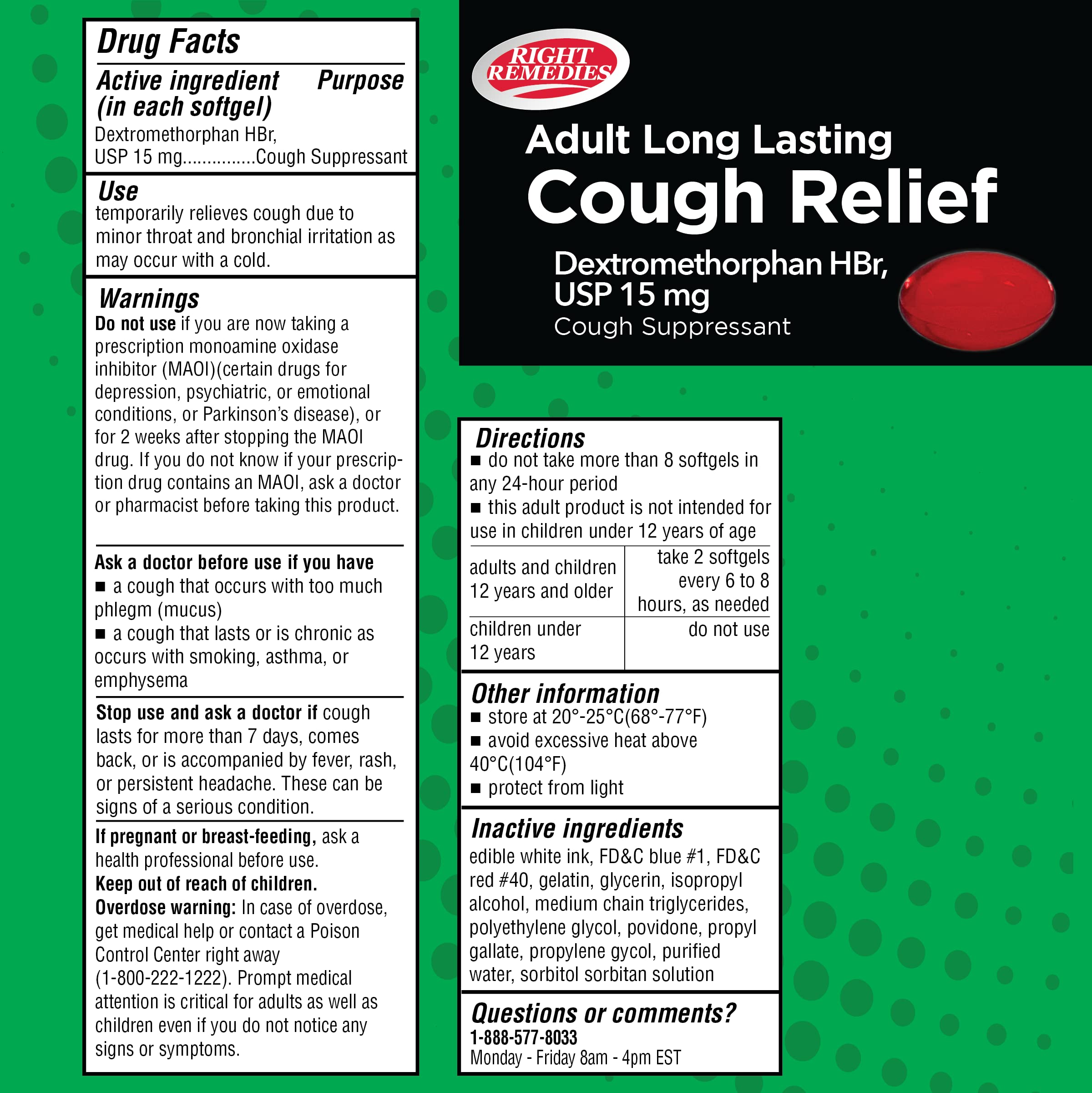 RIGHT REMEDIES Cough Relief Softgels, Dextromethorphan HBr 15mg, up to 8-Hour Long-Lasting, Non Drowsy Bronchial Suppressant (60 Softgels)