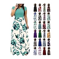 Maxi Dress for Women Casual Summer Short Sleeve Long Dresses Loose Elegant Floral Vacation Dress with Pocket Beach Wear