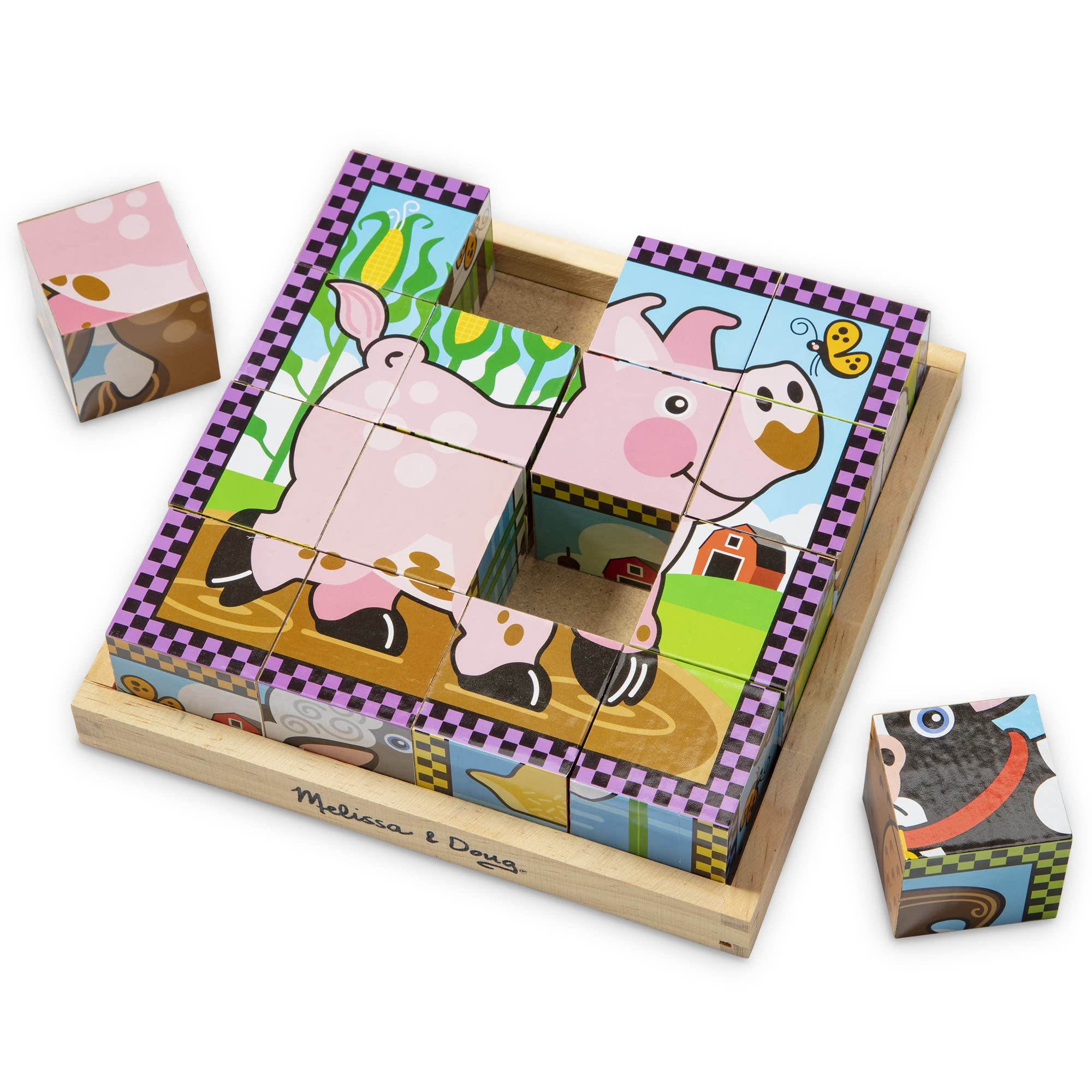 Melissa & Doug Farm Wooden Cube Puzzle With Storage Tray - 6 Puzzles in 1 (16 pcs) - Toddler Animal Puzzle -FSC-Certified Materials