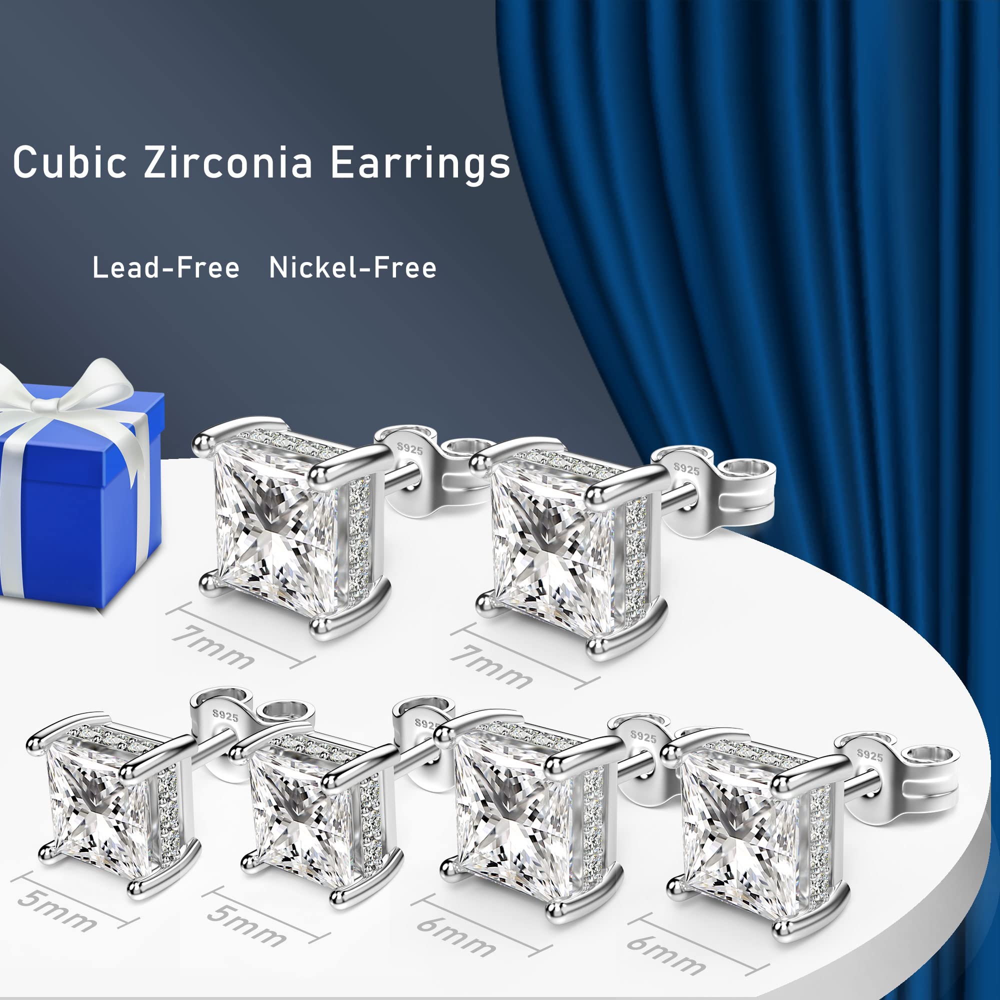 18K White Gold Plated Sterling Silver Princess Cut Cubic Zirconia Stud Earrings Square Simulated Diamond CZ Stud Earrings for Women Men Hypoallergenic