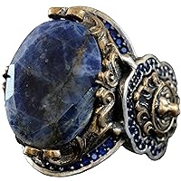 KAMBO Genuine Natural Sapphire Gemstone Ring, Animals Ring, Lion Ring, 925 Sterling Silver Ring