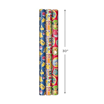 Hallmark Pokémon Wrapping Paper with Cutlines on Reverse (3 Rolls: 60 Sq. Ft. Ttl) with Pikachu, Charmander, Bulbasaur for Birthdays, Kids Parties, Gamers, Christmas Gifts