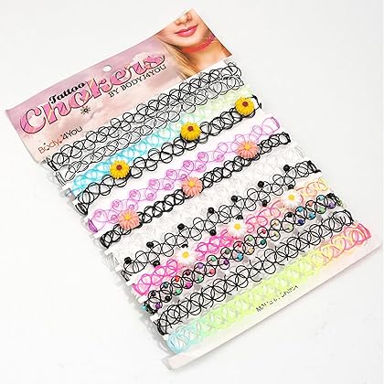 BodyJ4You 12PC Tattoo Choker Necklace Set - 90s Accessories Women Teen Girls Kids - Flower Charms Rainbow Multicolor Stretchy Jewelry - Summer Style Gift Idea