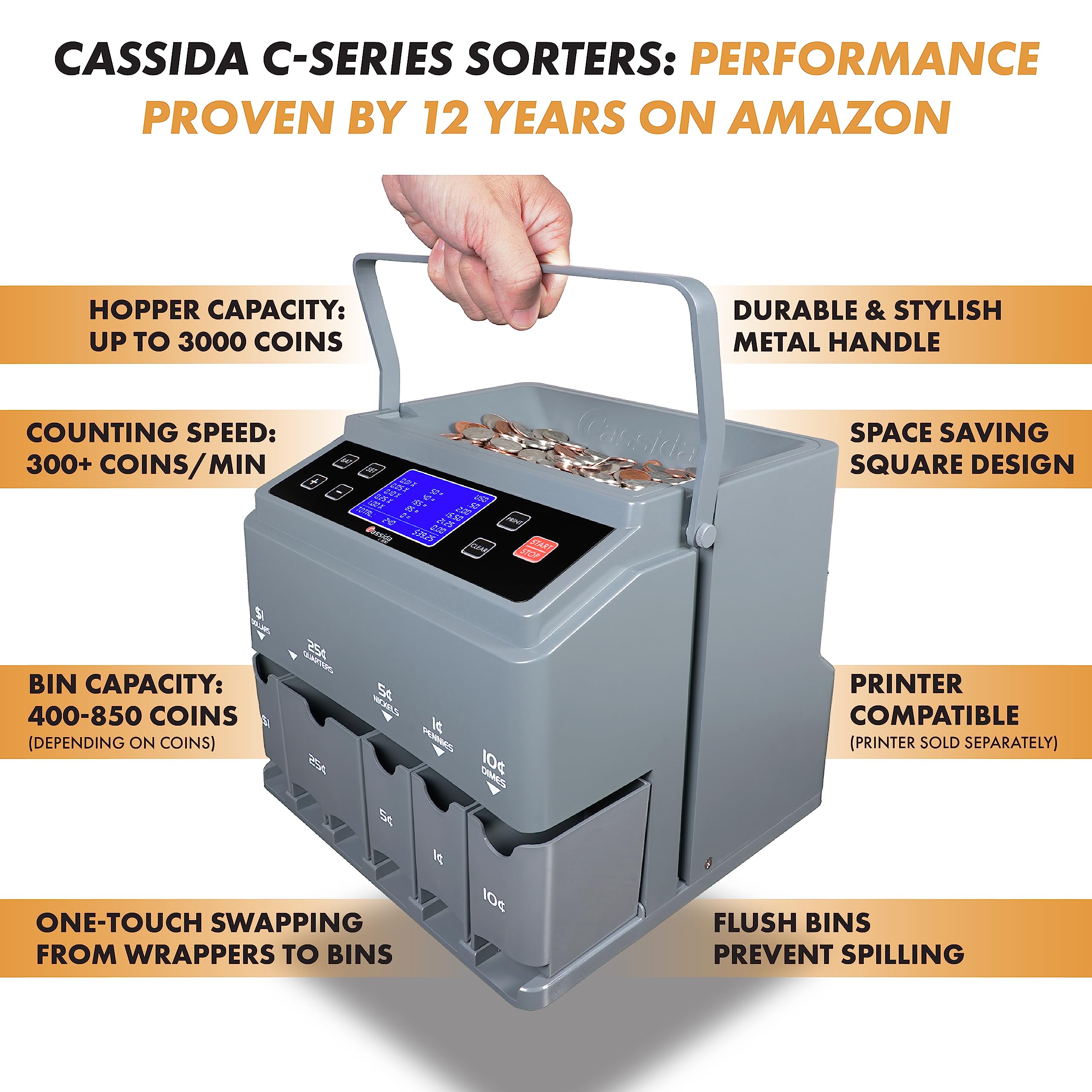 Cassida C300 Professional USD Coin Counter, Sorter and Wrapper/Roller, 300 coins/min, with Quickload and Printing-Compatible,Gray