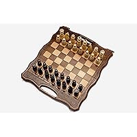 Chess Set with Engraved Crowns - 3 in 1 Chess, Backgammon, Checkers - Handmade High Detail Wooden Game