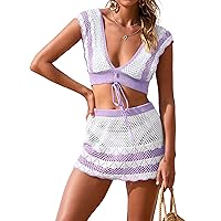 MEROKEETY Women's Crochet Cover Ups Set Short Sleeve V Neck Hollow Out 2 Piece Swimsuit Coverup