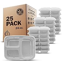 Meal Prep Containers [25 Pack] 3 Compartment with Lids, Food Storage Containers, Bento Box, BPA Free, Stackable, Microwave/Dishwasher/Freezer Safe (24 oz)