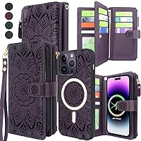 Harryshell Detachable Magnetic Case Wallet for iPhone 14 Pro Max Compatible with MagSafe Wireless Charging Protective Cover Multi Card Slots Cash Coin Zipper Pocket Wrist Strap (Floral Deep Purple)