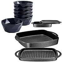2 In 1 Pre-Seasoned Square Cast Iron Baking Pan Cookware Dish With Grill Lid, Multi Baker Casserole Dish, Lasagna Pan and Bake And Serve 6-Pack Geometric Matte 13 Oz Oven Safe Ceramic Cereal Dessert