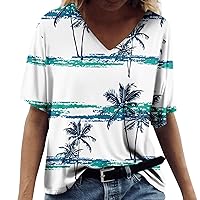 Tops for Women 2024 Hawaiian Printed V Neck Short Sleeve T Shirts Loose Oversized Shirts Holiday Daily Basic Tees