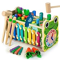 6 in 1 Wooden Montessori Toys for 1 Year Old, Whack-A-Mole Hammering Pounding Toy with Xylophone, Woodpecker, Carrot Harvest Game, Educational Toddler Activities Gift for Ages 1-4