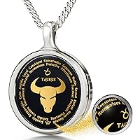 925 Sterling Silver Taurus Necklace Zodiac Pendant Star Sign Birthdays 20th April to 20th May Jewelry Inscribed in 24k Gold on Black Onyx Gemstone, 18