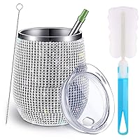 Bling Water Bottle Bling Wine Tumbler Diamond Tumbler Rhinestone for Glitter Wine Glass Tumbler Girls Trip Cups, Straw, Straw Brush and Cup Brush for Wine Coffee Cocktails Champaign (Silver, 1 Set)