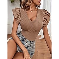 Women's Jumpsuit Ribbed Knit Butterfly Sleeve Bodysuit Jumpsuit Decorall (Color : Mocha Brown, Size : Small)