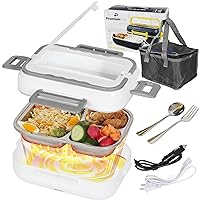 PREMIUMPLUS Electric Lunch Box Food Heater- Portable Food Warmer with Carrying Bag, Fork & Spoon- Lunch Box Warmer Portable for Work Car Truck- 1.5L Crockpot Lunch Warmer- 60W 12V/24V/110V - White