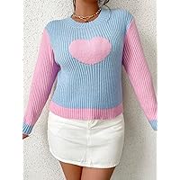Casual Ladies Comfortable Plus Size Sweater Plus Heart Pattern Two Tone Sweater Leisure Perfect Comfortable Eye-catching (Color : Multicolor, Size : 3X-Large)