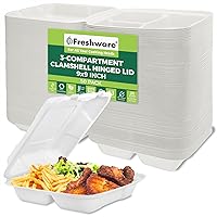 Freshware Clamshell Containers, 9 x 9 Inch, 3-Compartment, 50-Pack, Natural