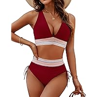 Womens High Waisted Bikini Sets Color Block Tummy Control Swimsuits Drawstring Two Piece Bathing Suit 2024
