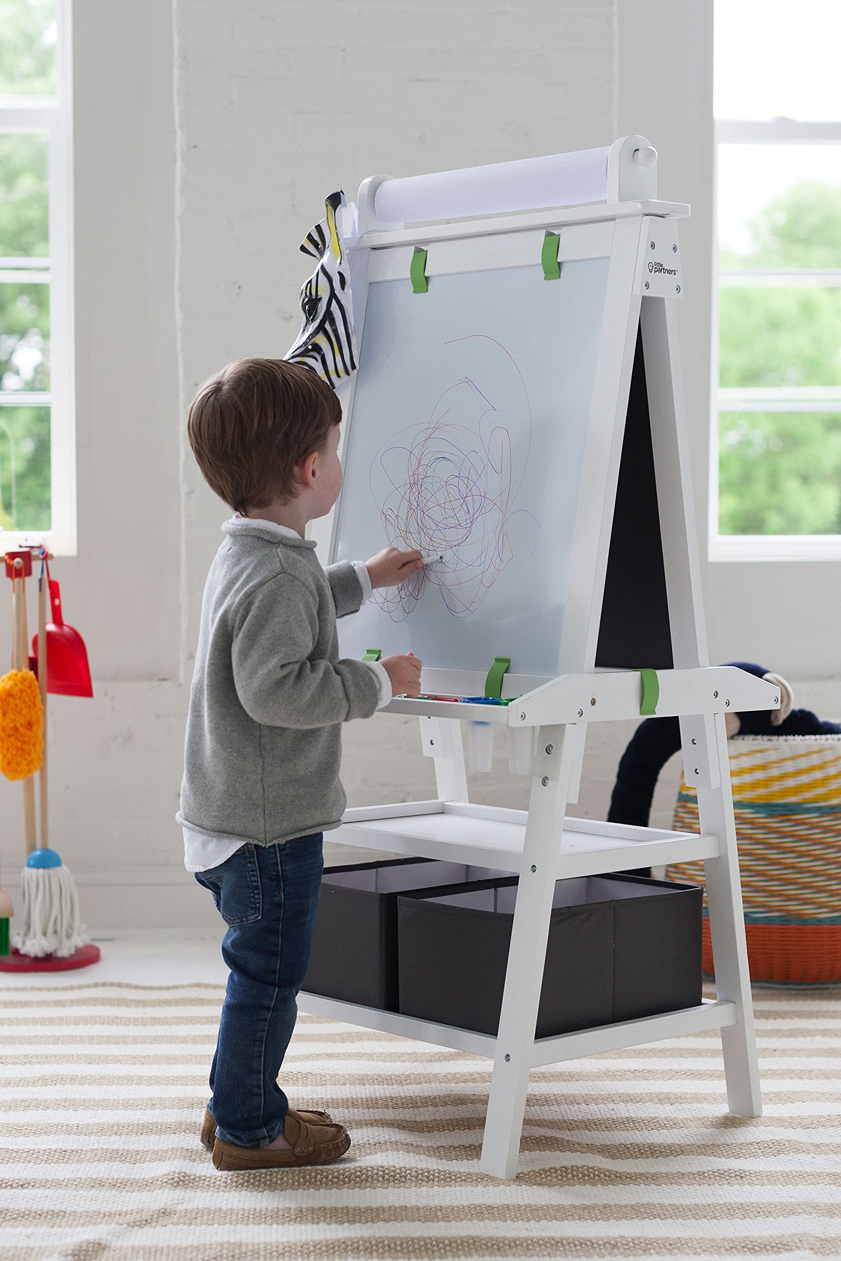 3-in-1 Art Easel by Little Partners 2-Sided A-Frame Art Easel with Chalk Board, Dry Erase, Storage, Paper Feed and Accessories for Toddlers (Soft White)