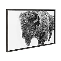 Kate and Laurel Sylvie Bison in Snow Black and White Framed Canvas Wall Art by Amy Peterson Art Studio, 23x33 Gray, Modern Animal Portrait Art for Wall