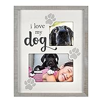 International Designs Two Opening 4x4 & 4x6 I Love My Dog Picture Frame I Love My Dog Sentiment White MDF Wood Frame Raised Gray Rustic Wood Outer Moulding Screenprinted Gray Paw Print Art With Charcoal Gray Text