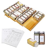 Spice Drawer Organizer with 24 Spice Jars and 216 Labels,Non-slip Rubber, Bamboo 4 Tier Spice Racks Tray Seasoning Containers for Kitchen Drawers,Cabinets,Countertops,13