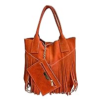 Ladies Genuine Suede Leather Fringe Shopper Bag Plus Same Color Jewelry Pouch - Handbag - Shoulder Bag