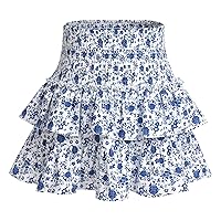 IMEKIS Women Summer Flowy Skirts High Waist Layered Ruffle Hem Flared Mini Skirt Boho Print Smocked A Line Beach Short Skirt