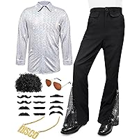 70s Kids Disco Outfit Costume Boys Bell Bottom Pants Shirts Wigs Necklace Mustache Disco Party