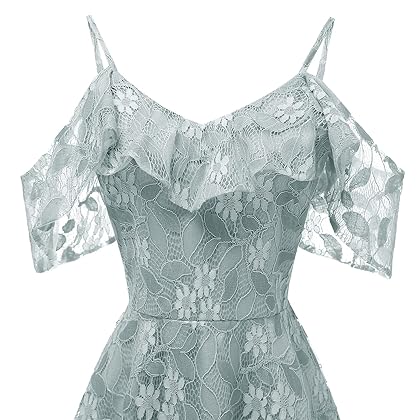 QIGUANG Women Lace Ruffle Trim Cold Shoulder Short Sleeve Evening Dress Summer Spaghetti Strap High Waist 1950s Midi Dress