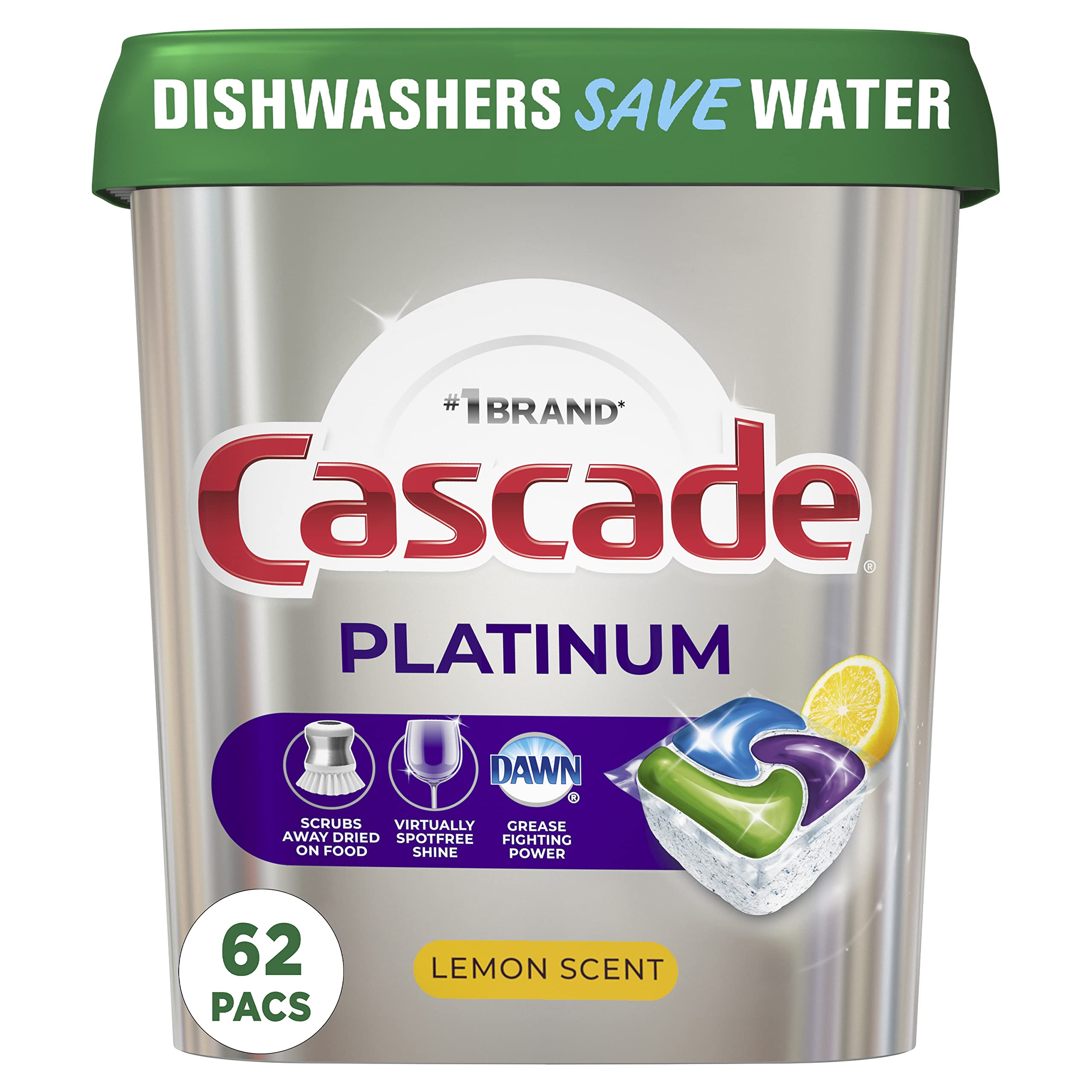 Cascade Platinum Dishwasher Pods, Dishwasher Detergent, Dishwasher Pod, Dishwasher Soap Pod, Actionpacs Dish Washing Pod, Lemon, 62 Count Dishwasher Detergent Pods