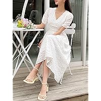 Dresses for Women - Puff Sleeve Ruched Textured Dress (Color : White, Size : Medium)