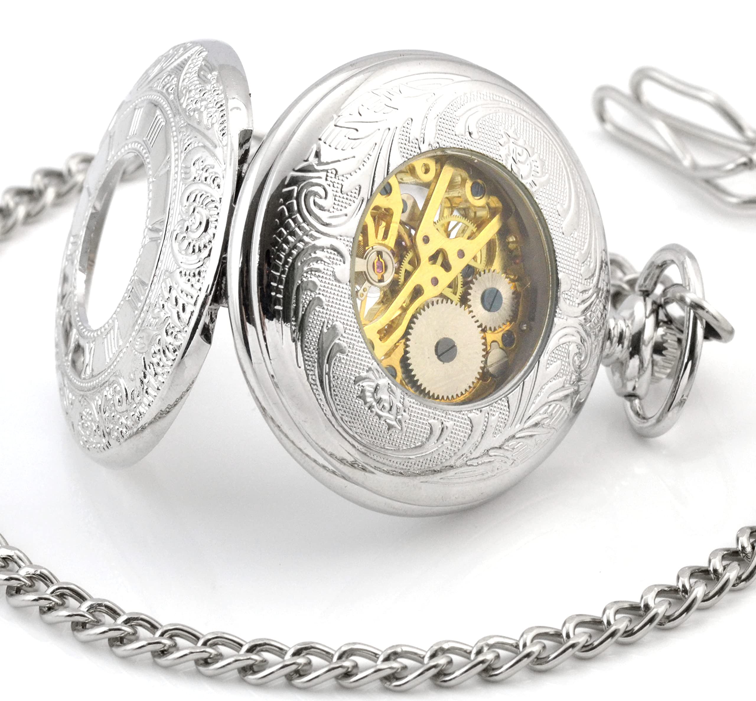 Infinite U Silver Dual Time Display Hollow Skeleton Steel Mechanical Movement Pocket Watch