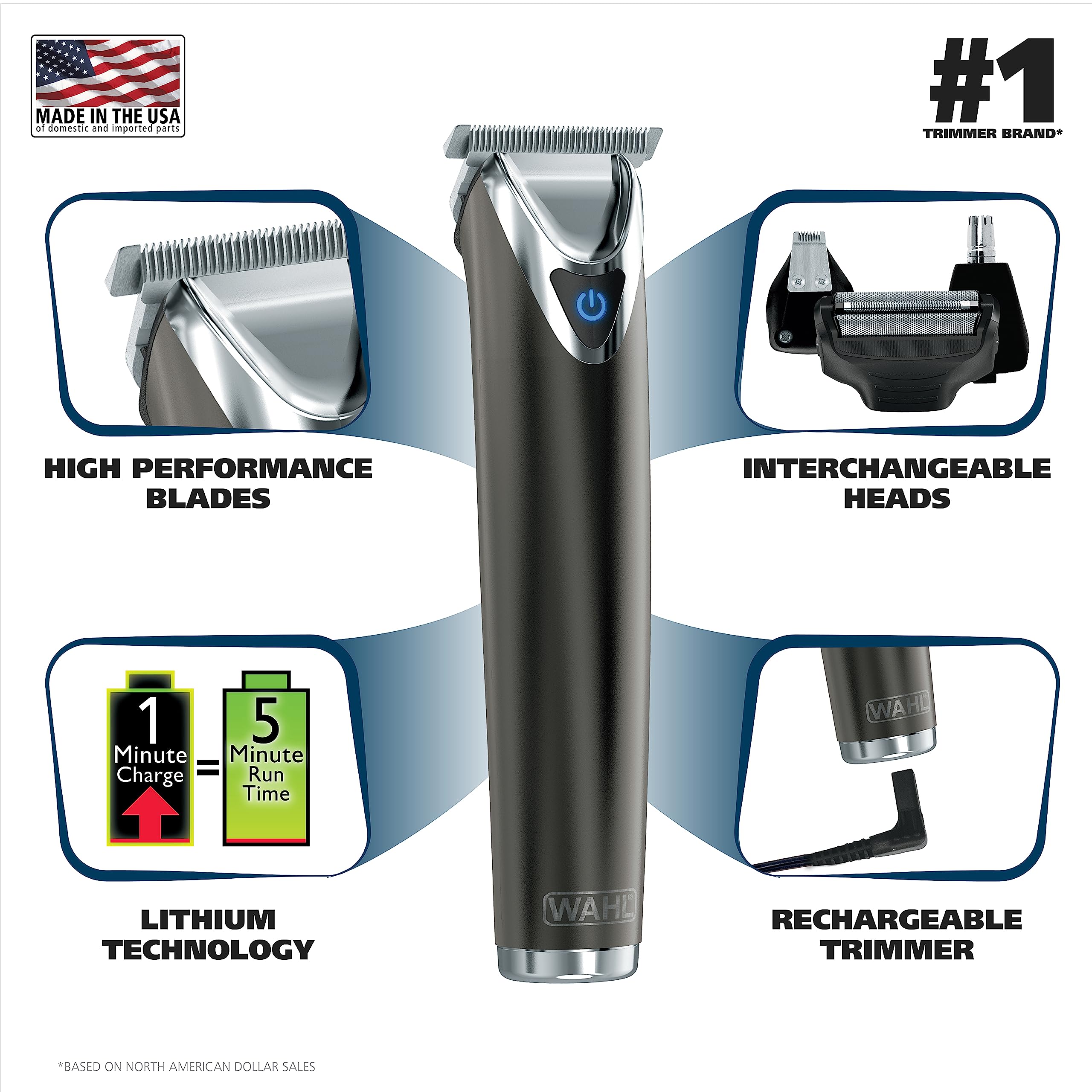 Wahl USA Stainless Steel Lithium Ion 2.0+ Slate Beard Trimmer for Men - Electric Shaver, Nose Ear Trimmer, Rechargeable All in One Men's Grooming Kit - Model 9864