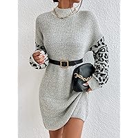 TLULY Sweater Dress for Women Leopard Pattern Mock Neck Drop Shoulder Sweater Dress Without Belt Sweater Dress for Women (Color : Gray, Size : Large)