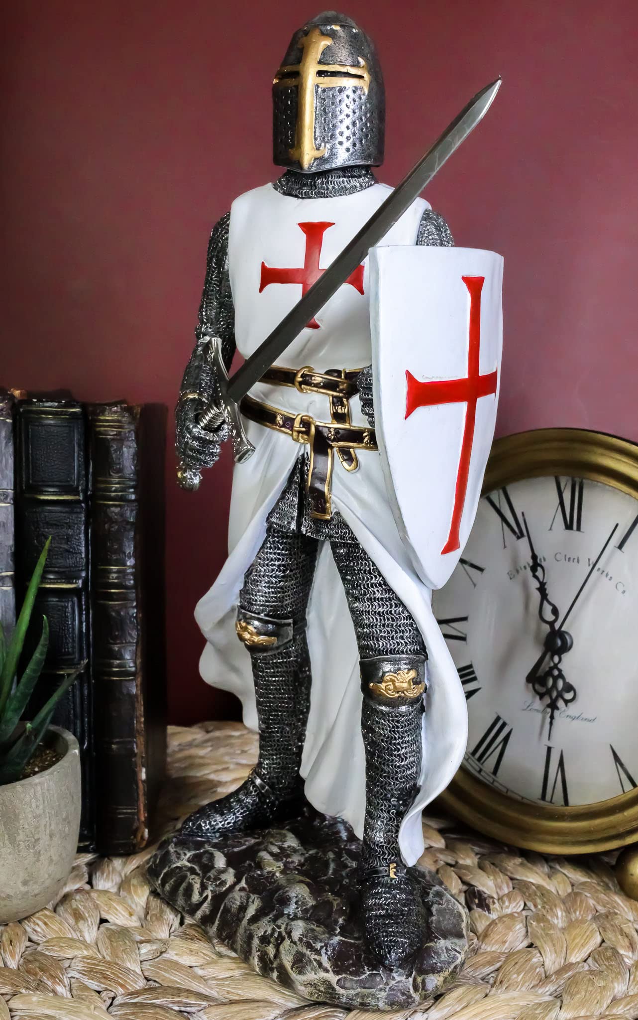 Ebros White Cloak Caped Medieval Crusader Swordsman Knight Figurine 11.5" H Medieval Royal Suit of Armor Knight of The Cross Resin Collectible